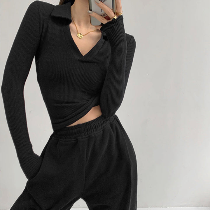 Women's Long Sleeve Top with V-Neck and Ribbed Texture Chic & Stil