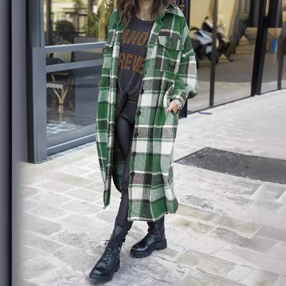 Ladies Long Checkered Coat with Practical Pockets and Button Closure Lune London