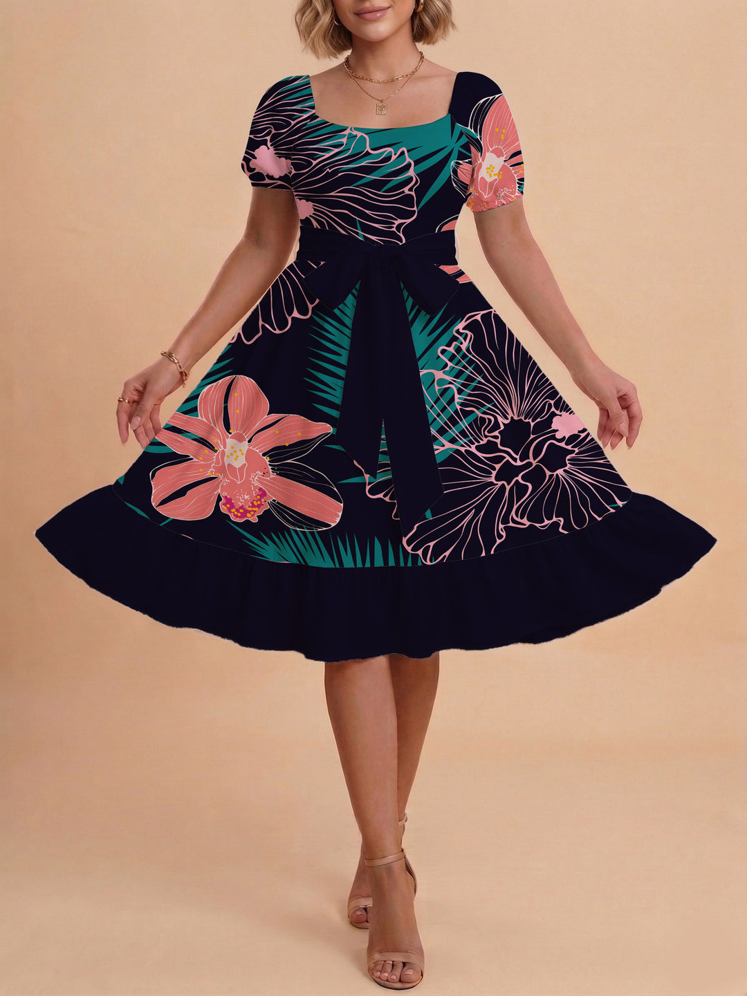 Women A-line dress with floral motifs and adjustable belt Lune London