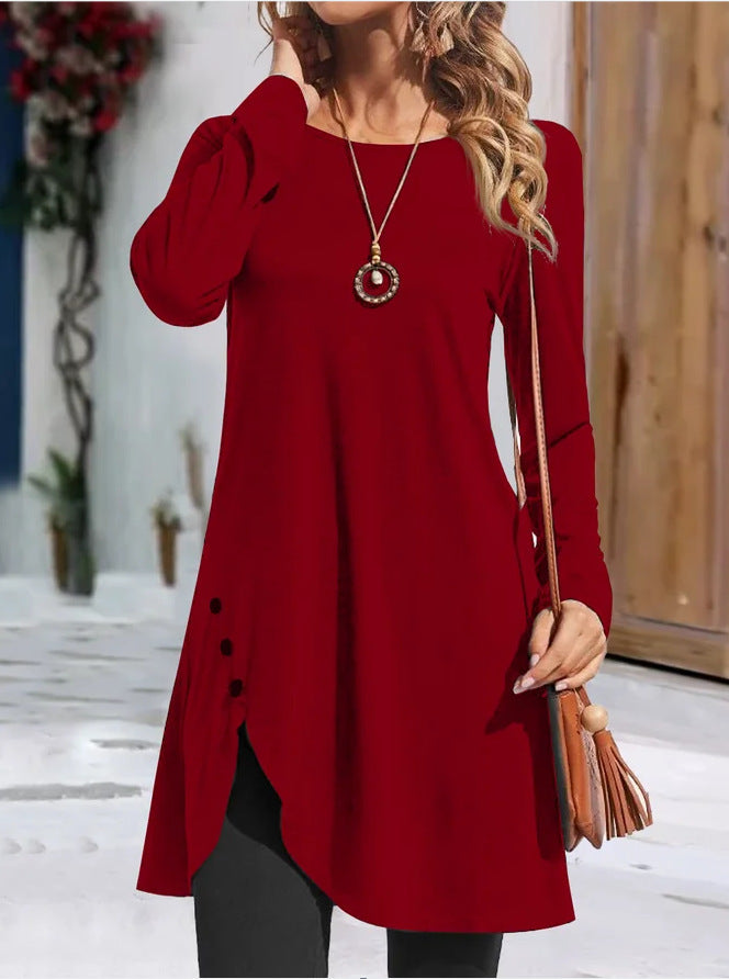 Ladies long tunic with long sleeves in fashion with playful button details Lune London