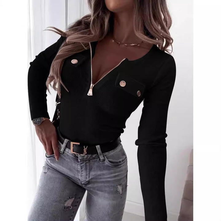 Ladies Zippered Top with Long Sleeves and Decorative Pockets Lune London
