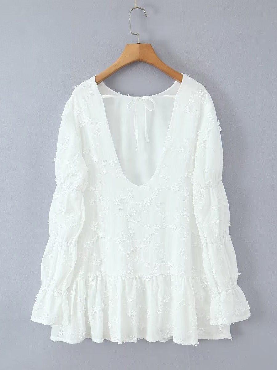 Airy tunic dress for women with floral embroidery and lace hem Lune London