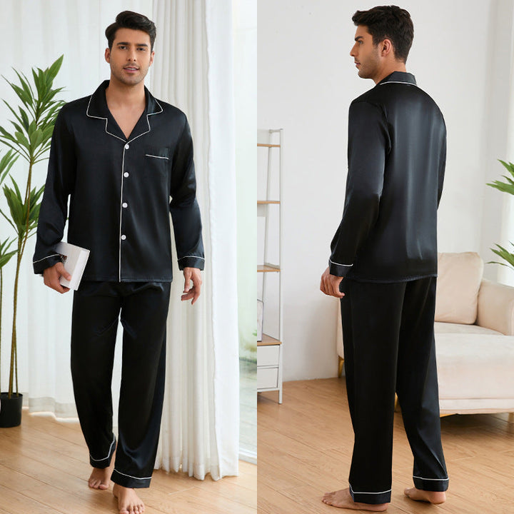 Men's Satin Pajama Set with Classic Collar and Elegant Contrast Stitching Lune London