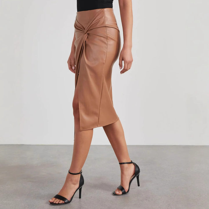 Women's faux leather skirt with asymmetrical cut and decorative knot Lune London