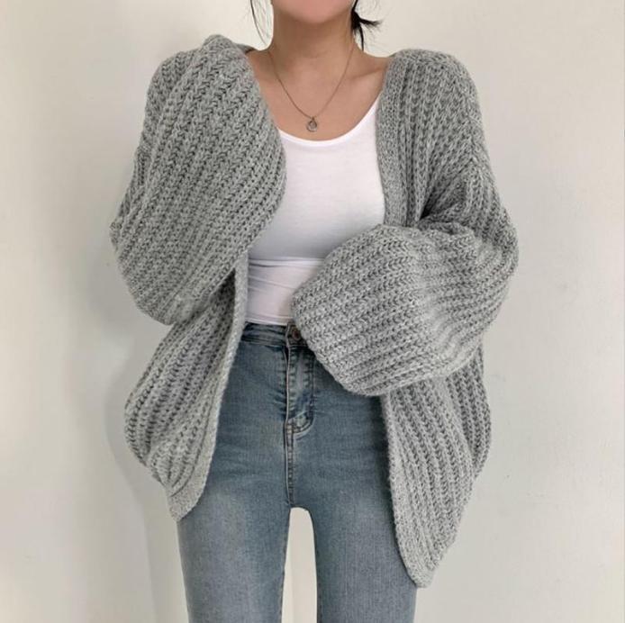 Oversized thick knit cardigan for women with deep V-neck Lune London