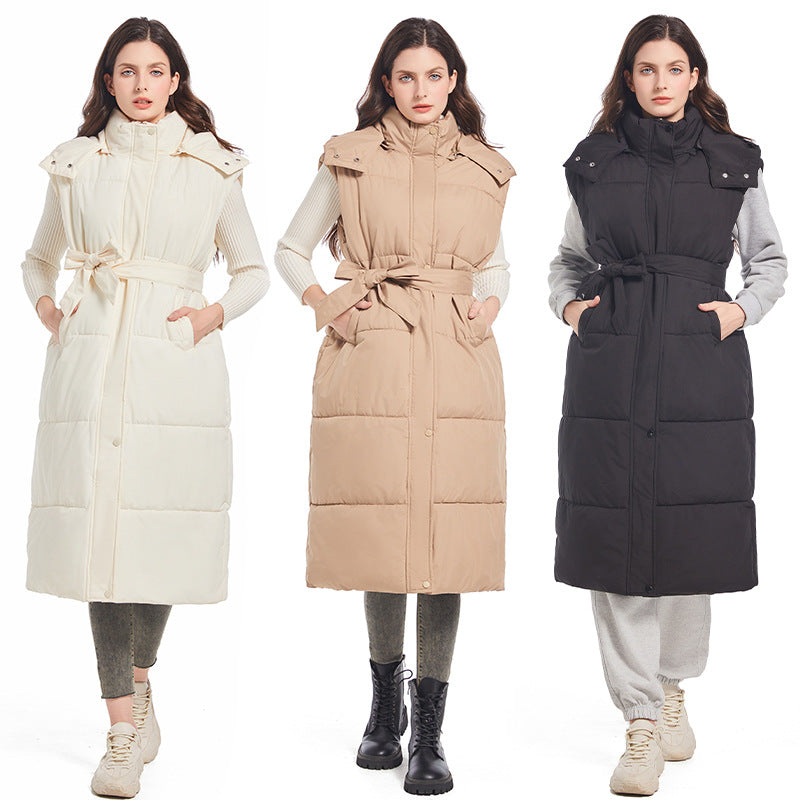 Women Long quilted cardigan with belt and hood Lune London