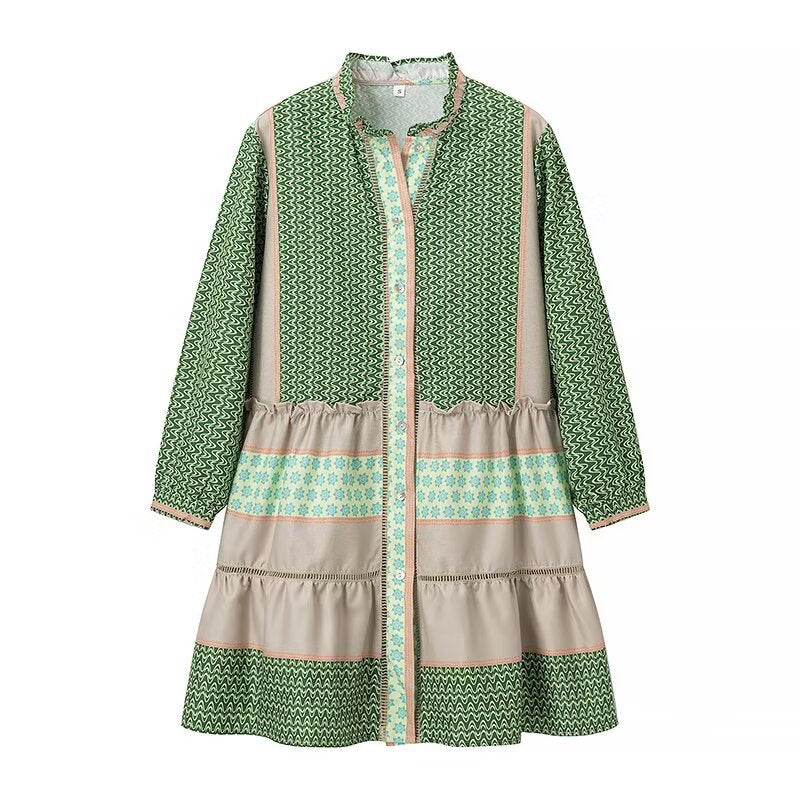 Long Sleeve Shirt Dress for Women with an Elegant Pattern and Ruffled Hem Lune London