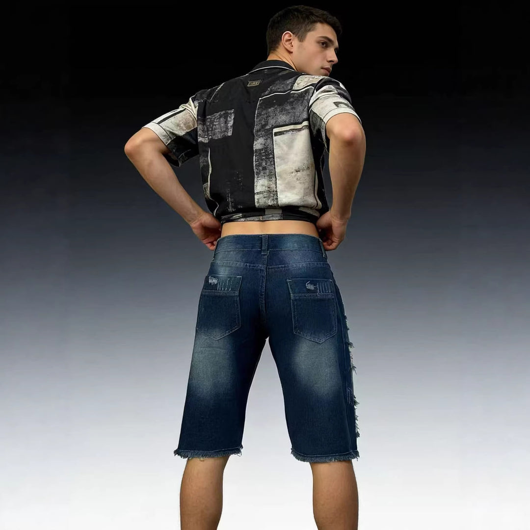 Men's casual destroyed denim shorts with frayed hems and wide legs Lune London