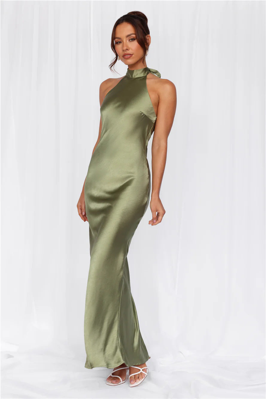 Ladies Elegant Maxi Dress with High Neck Design and Shimmering Satin Finish Lune London