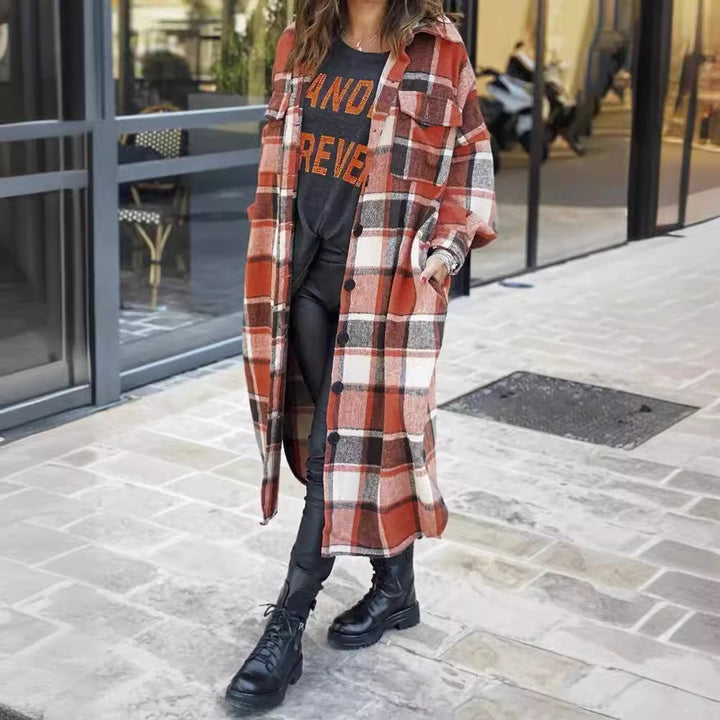 Ladies Long Checkered Coat with Practical Pockets and Button Closure Lune London