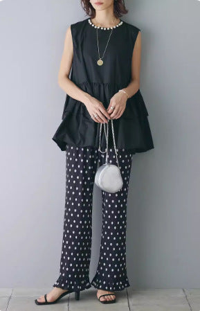 Ladies Fluid Peplum Top and Polka Dot Pants Set Lune London