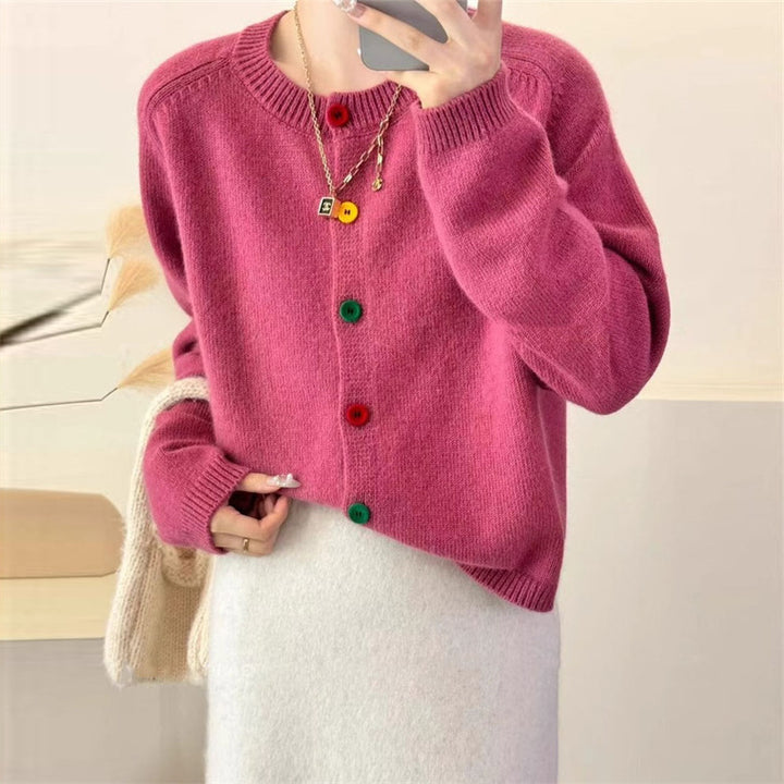 Ladies plush cardigan with colorful button details and a modern cut Lune London
