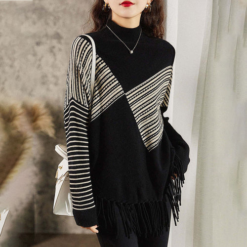 Pull en maille pour femmes avec motif géométrique et franges