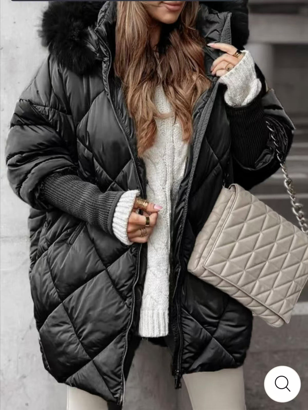 Ladies oversized quilted jacket with removable faux fur collar Lune London