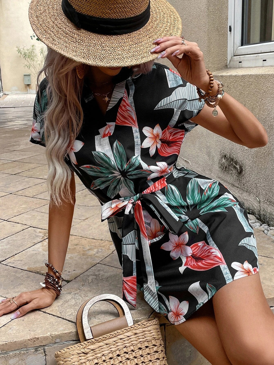 Mini dress woman with tropical print and adjustable tie belt Lune London