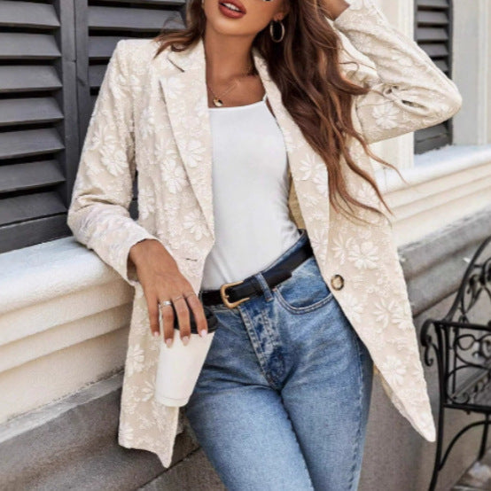 Women's elegant blazer jacket with embroidered floral design Lune London