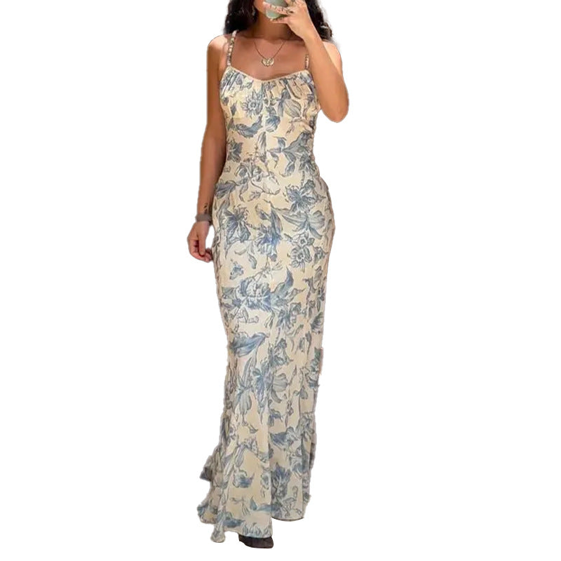 Robe Maxi Élégante Femme avec Imprimé Floral et Bretelles Minces Chic & Stil
