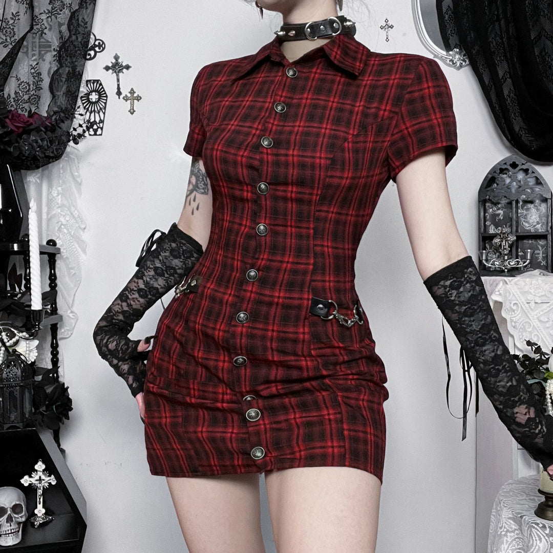 Ladies short sleeve dress in Scottish plaid pattern with button placket and decorative details