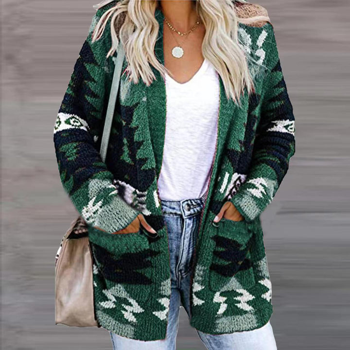 Ladies elegant cardigan with asymmetrical pattern and patch pockets Lune London