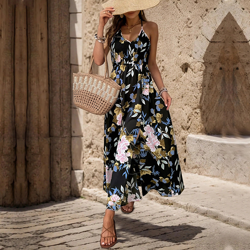 Maxi dress with floral print for women with high slit and adjustable spaghetti straps Lune London
