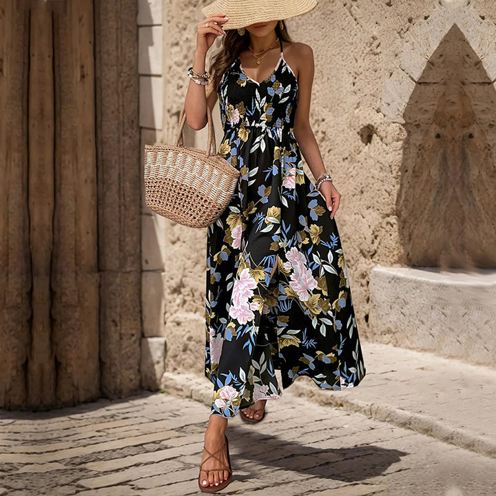 Maxi dress with floral print for women with high slit and adjustable spaghetti straps Lune London