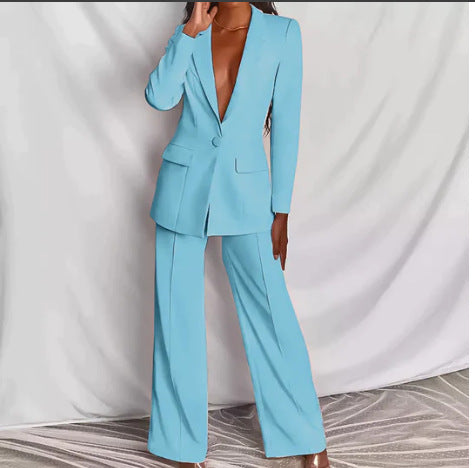 Elegant blazer set for women with plunging V-neck and wide-leg pants Lune London