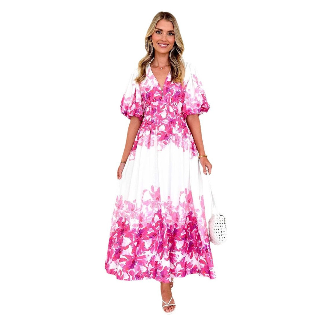 Maxi dress for women with voluminous puff sleeves and floral design Chic & Stil