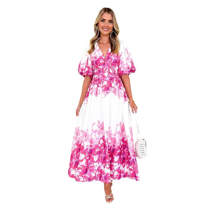 Maxi dress for women with voluminous puff sleeves and floral design Chic & Stil