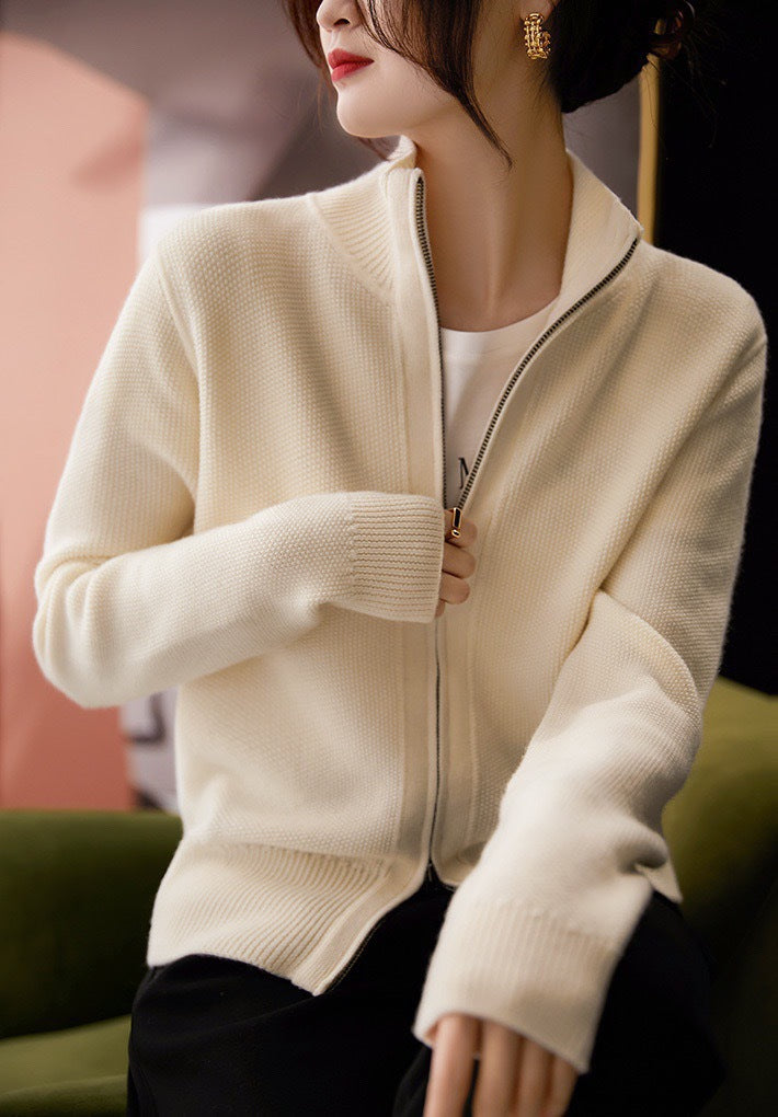 Knit jacket for women with high collar and full zipper Lune London