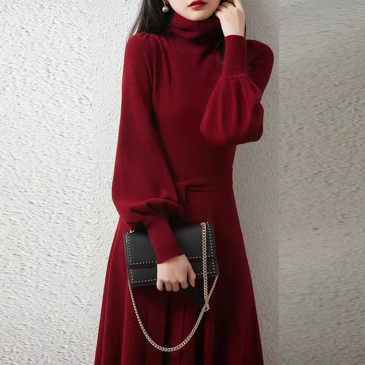 Knitted dress for women with high collar and belt at the waist Lune London