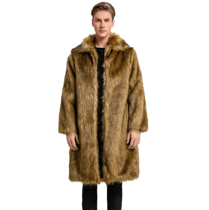 Long faux fur coat for men with high collar and luxurious inner lining Lune London