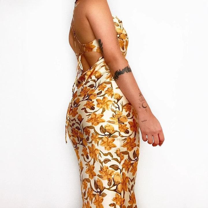 Women's Satin Maxi Dress with Floral Draping and Spaghetti Straps
