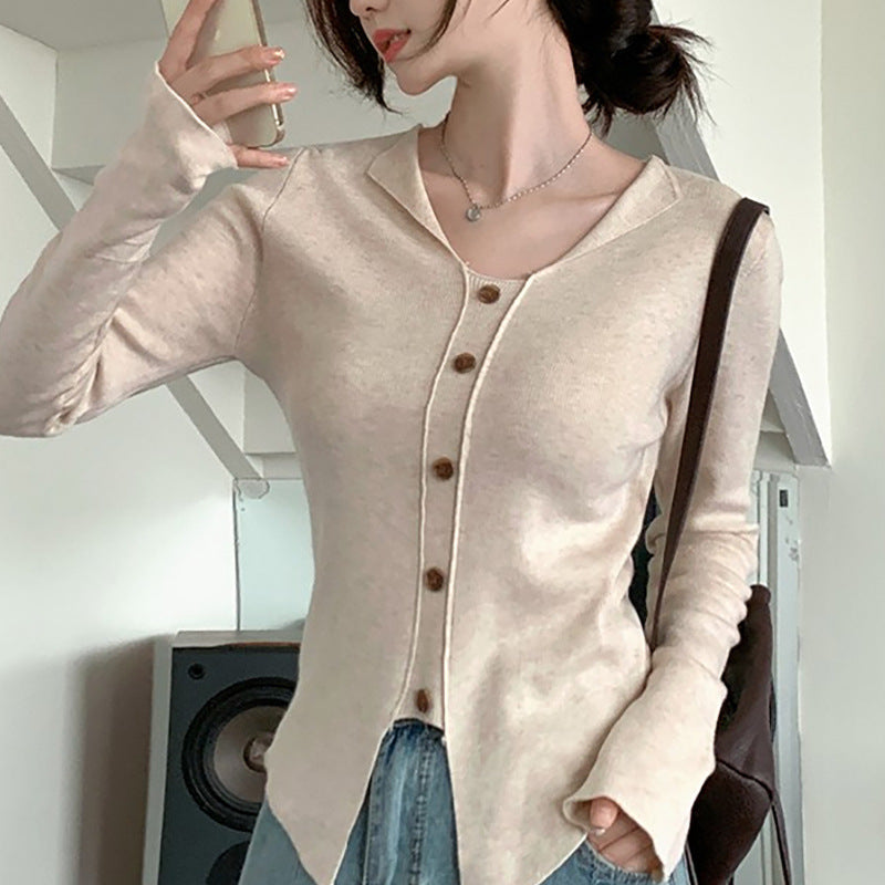 Women's Long Sleeve Cardigan with Button Placket and Fine Knit