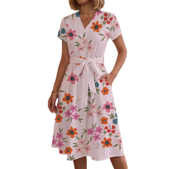 Women's casual maxi dress with adjustable knot and decorative check pattern Lune London