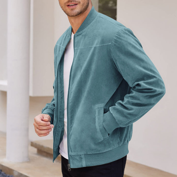 Urban bomber jacket for men in soft faux leather with elastic cuffs and zipped side pockets Lune London