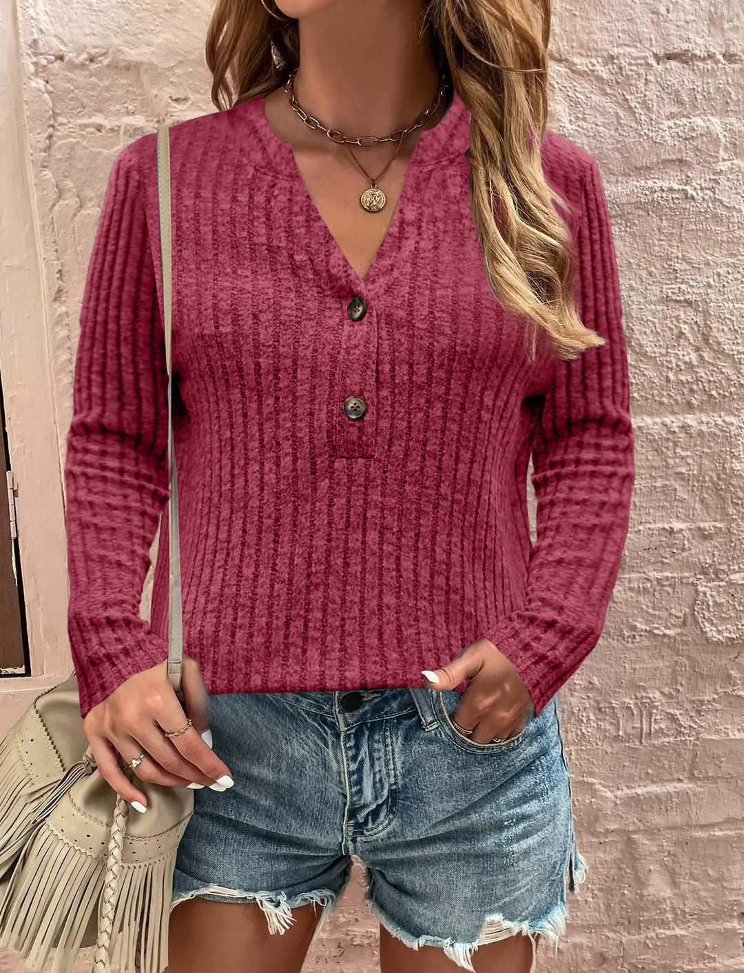 Long sleeve women's t-shirt with ribbed design and button detail Lune London