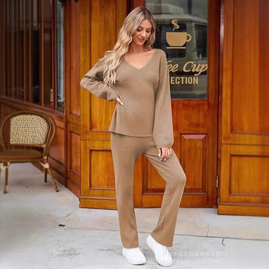 Dames Ensemble tricot confortable avec décolleté en V et jambe large Lune London