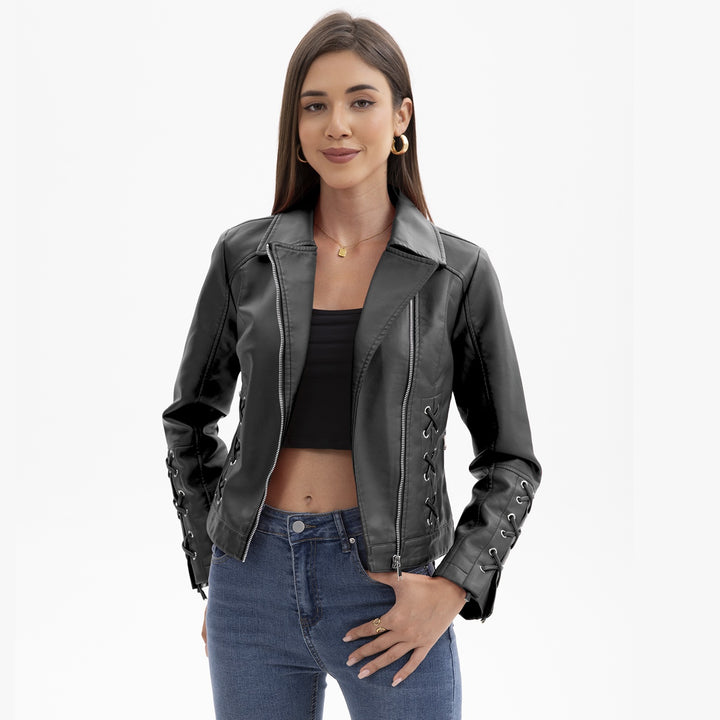 Faux leather jacket for women with refined lace details Lune London
