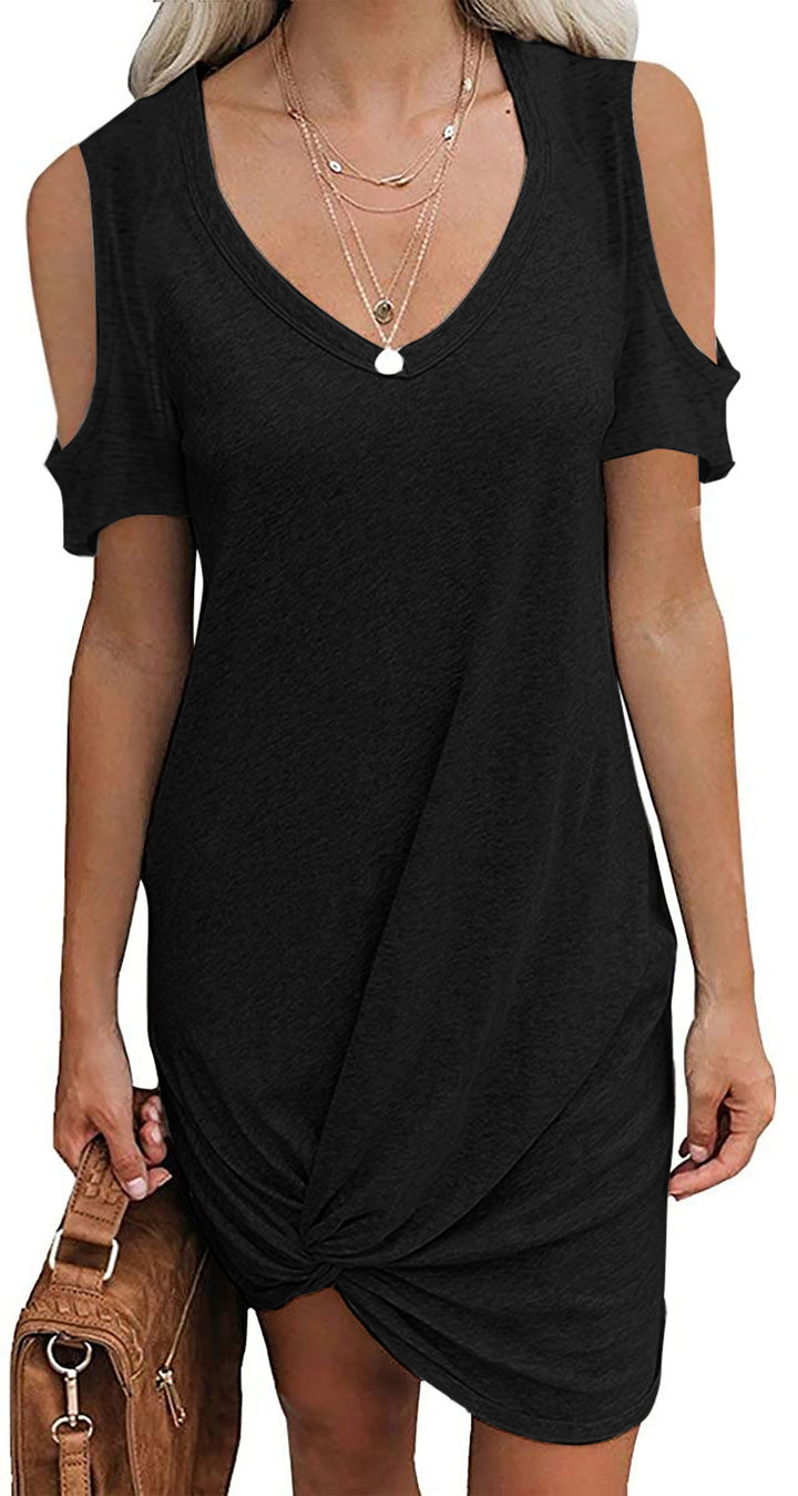 Mini V-neck dress for ladies with open shoulder design and refined tying details Lune London