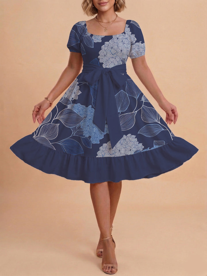 Women's floral dress with adjustable belt and voluminous sleeves Lune London