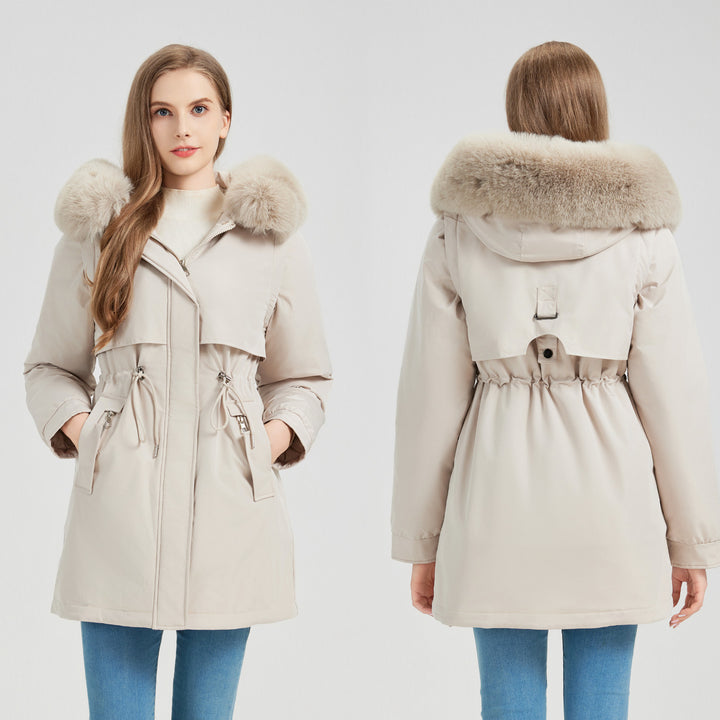 Functional jacket for women with removable faux fur collar and drawstring waist Lune London