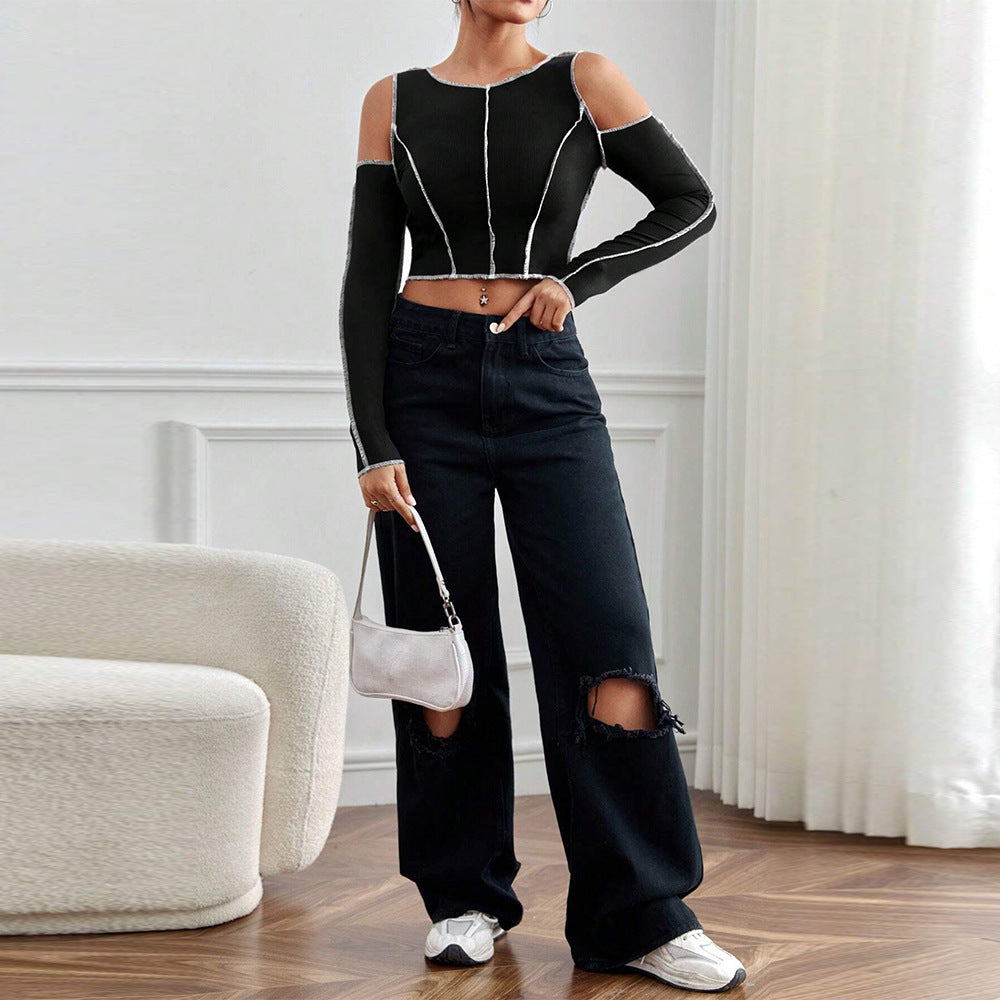 Chic & Stil Women's Long Sleeve Crop T-Shirt with Cut-Out Details and Trendy Contrast