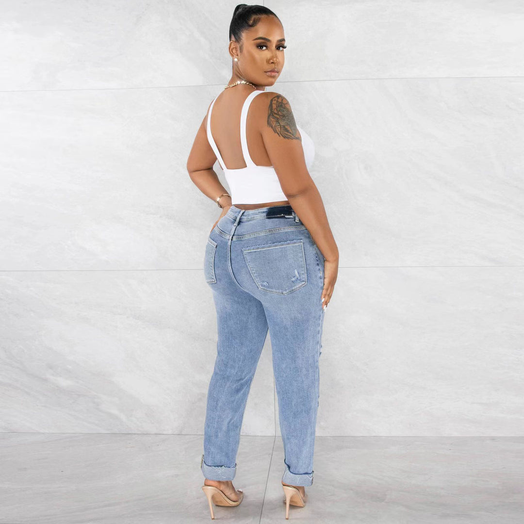 Women's High-Waist Boyfriend Jeans with Frayed Hem and Casual Used Look Lune London