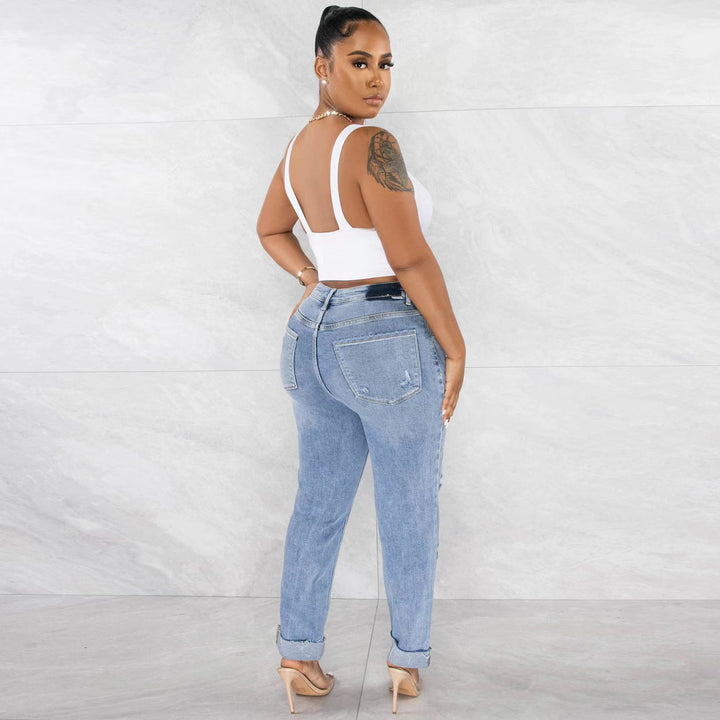 Women's High-Waist Boyfriend Jeans with Frayed Hem and Casual Used Look Lune London