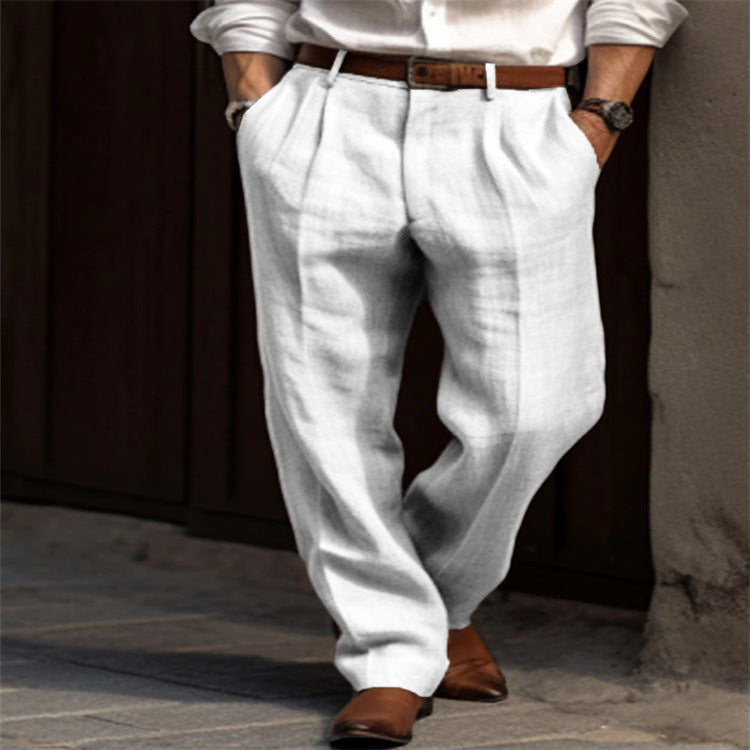 Pantalon en lin élégant pour hommes avec coupe slim et deux poches pratiques à ouverture italienne Lune London