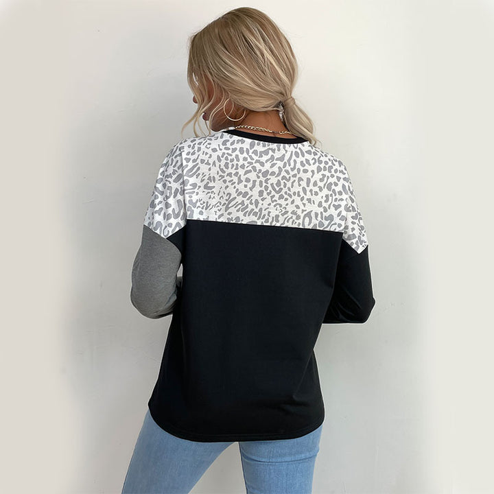 Chemise longue à manches longues pour femmes avec impression léopard créative et rayures en blocs Chic & Stil