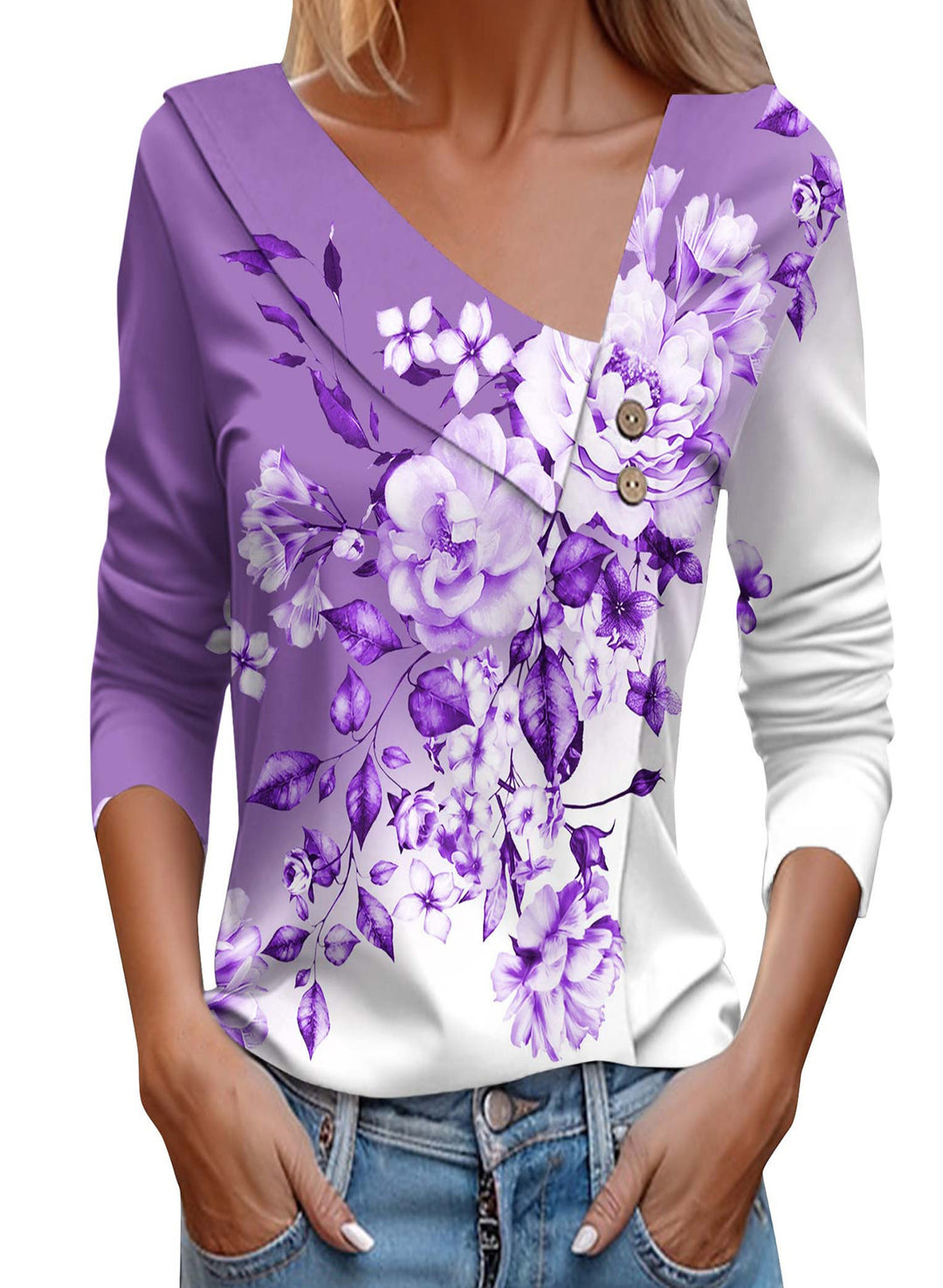 Ladies' blouse with floral appliqué and modern button details Lune London
