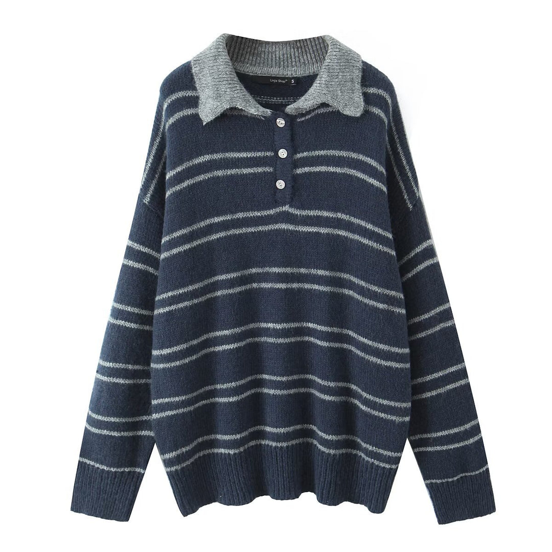 Pull décontracté pour femmes avec col contrasté et rayures modernes Chic & Stil