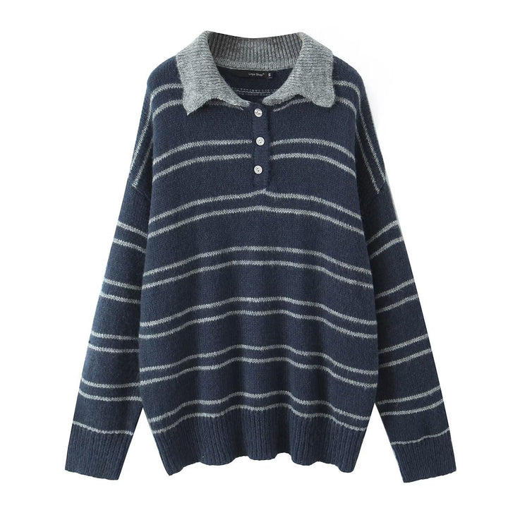 Pull décontracté pour femmes avec col contrasté et rayures modernes Chic & Stil