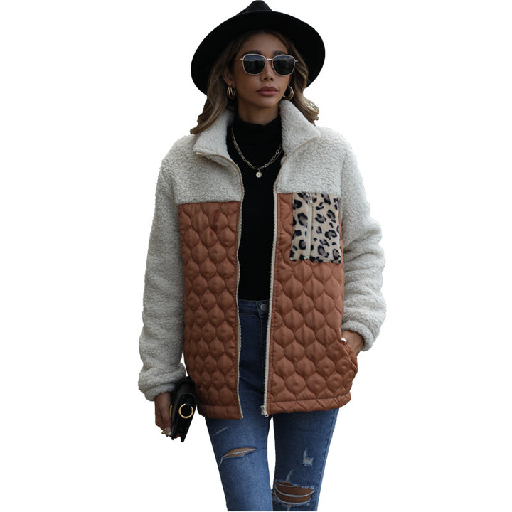 Women's fleece jacket with modern patchwork details and a chic animal print